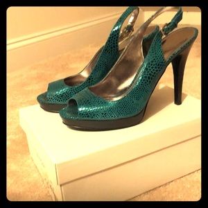 Calvin Klein teal peep toe heals